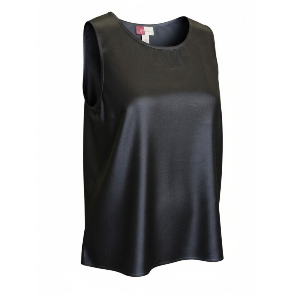 JM (14) Collection Satin Round Neck Sleeveless Tank Top Black Polyester